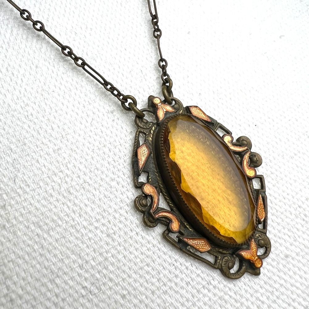 Antique Art Deco Champleve Enamel Lavalier Necklace Amber Glass Estate Jewelry